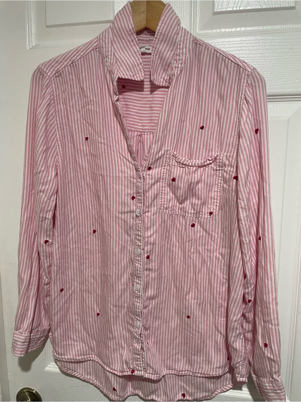 beachlunchlounge Pink & White Striped Button-Down Shirt with Red Heart Dots